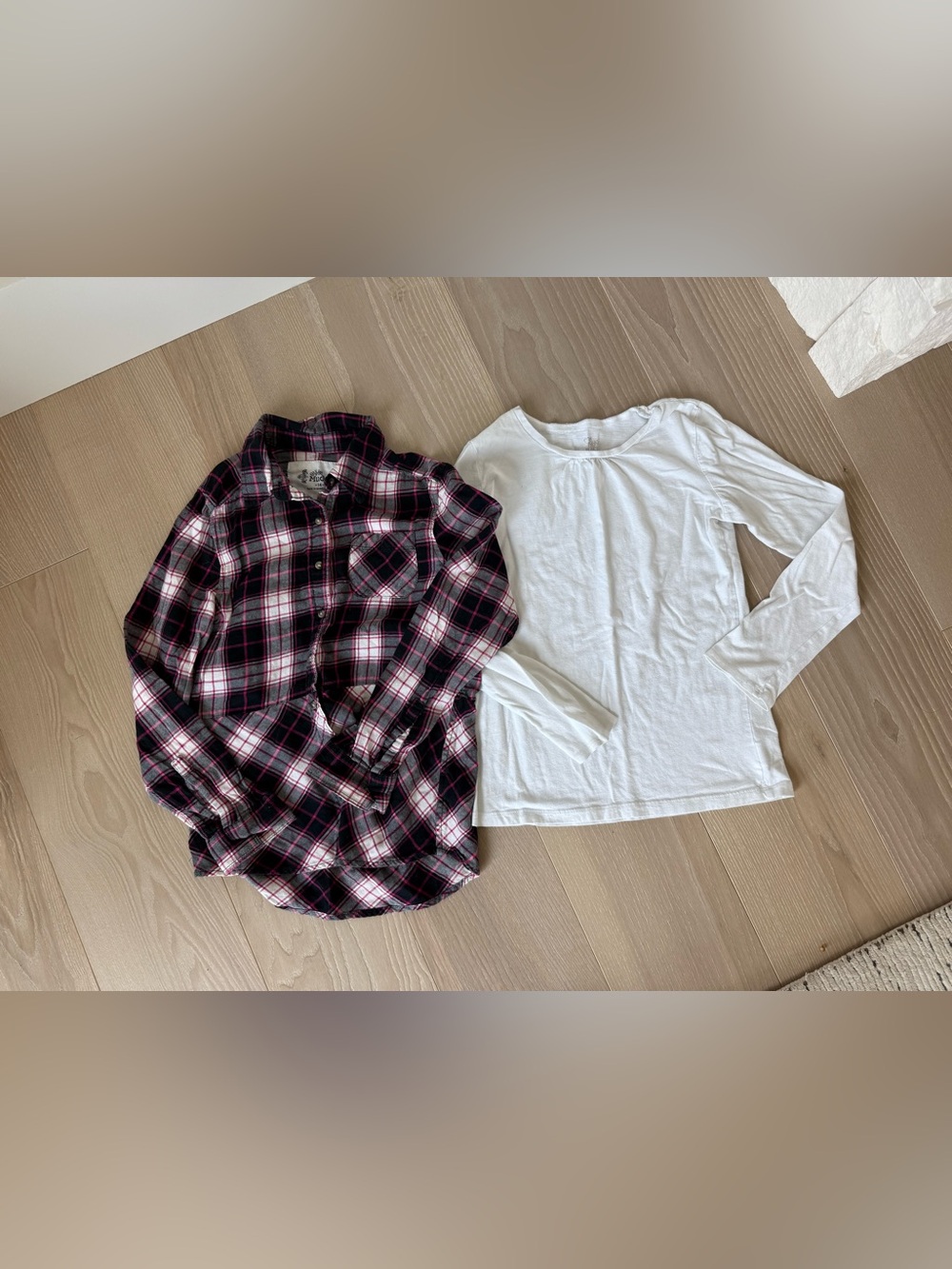 Mudd Black and Pink Plaid Button-Up with White Long Sleeve Tee